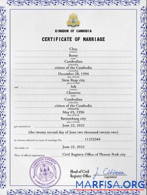 Realistic Cambodia marriage certificate PSD template